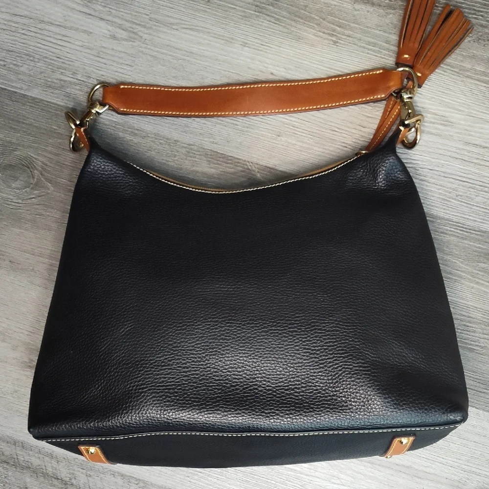 Dooney & Bourke Black and Brown Leather Hobo Bag with Tassels